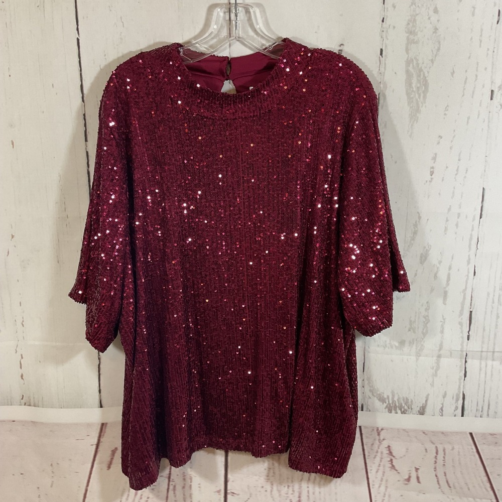 Calvin Klein Womens 3X Burgundy Sequin Blouse Top Holiday Party Festive Sparkly